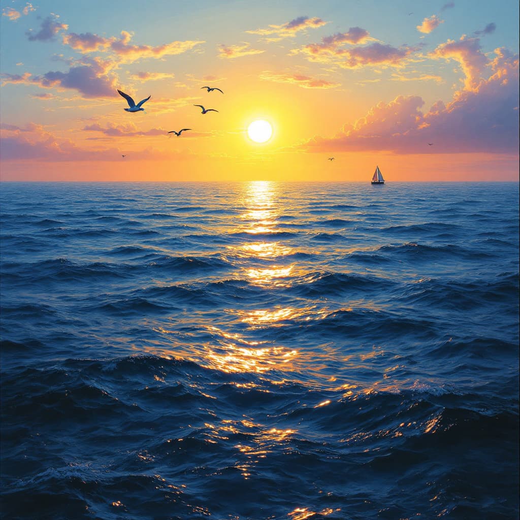 AI generated: A vast, deep blue ocean stretching to the horizon under a golden sunset. Gentle waves ripple across ...