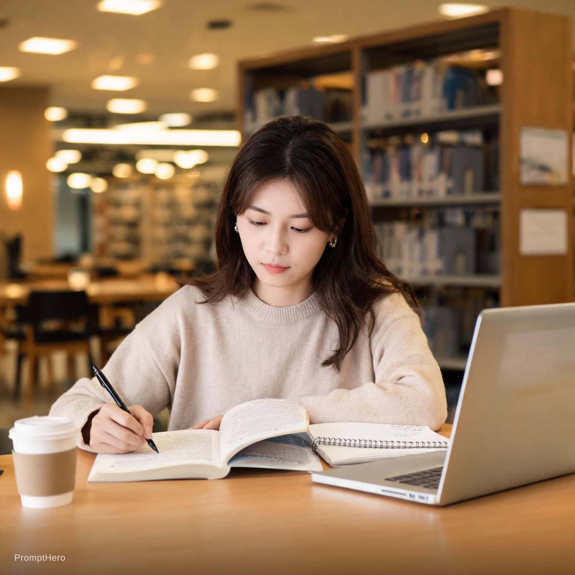 AI generated: photo of a young woman studying in a modern library, realistic, medium shot, warm lighting and soft ...