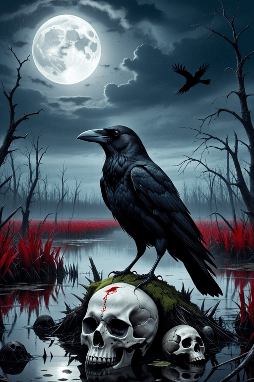 AI generated: swamp under a gloomy sky, with a crow perched on a decayed skull. The full moon behind the crow make...