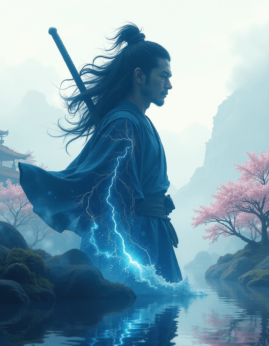 AI generated: Double Exposure Silhouette of Susanoo, Japanese Storm God: