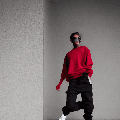 AI generated: fashion photograph of a model posing minimalist set, model is styled in a streetwear yet chic outfit...