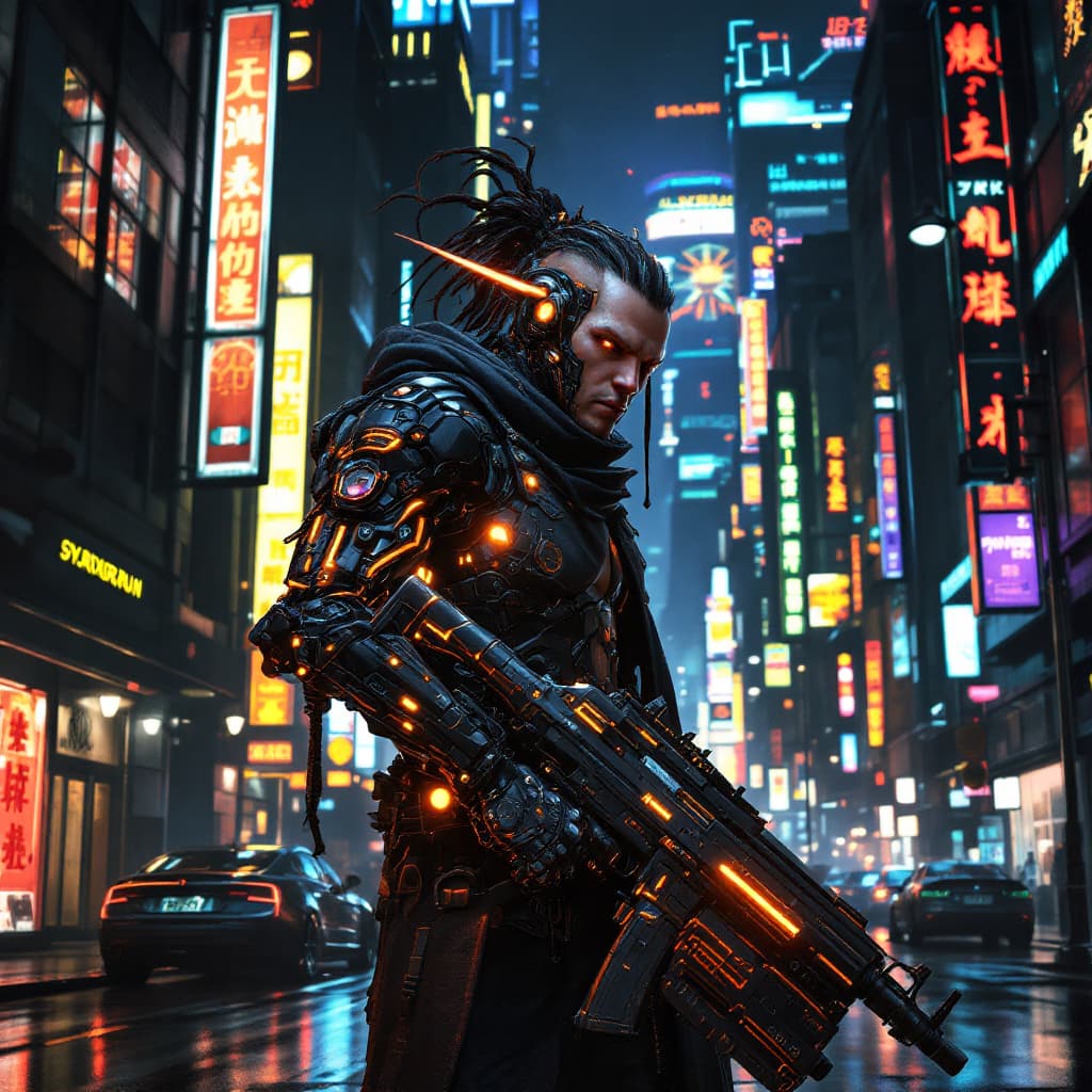 AI generated: photo of a male halforc with cybernatic limbs, holdig a mashinegun, cyberpunk city streets at night ...