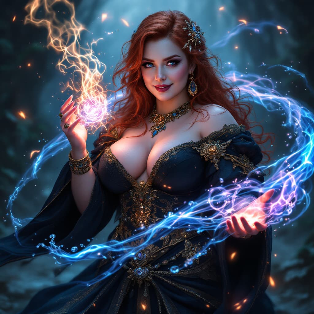 AI generated: A stunning fat female wizard stands poised in a magical dark fantasy realm, casting a mesmerizing sp...
