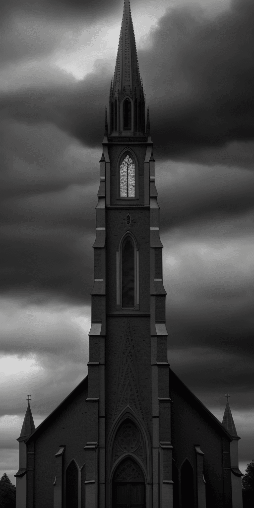 AI generated: A dark cloudy giant sky falls over a church , epic , 8k , hd , brown, gray, black and white tones , ...