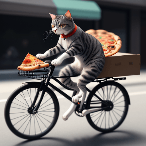 AI generated: A cat riding a bicycle with a pizza in hand,Realistic, 4k,hyperdetailed,octane render