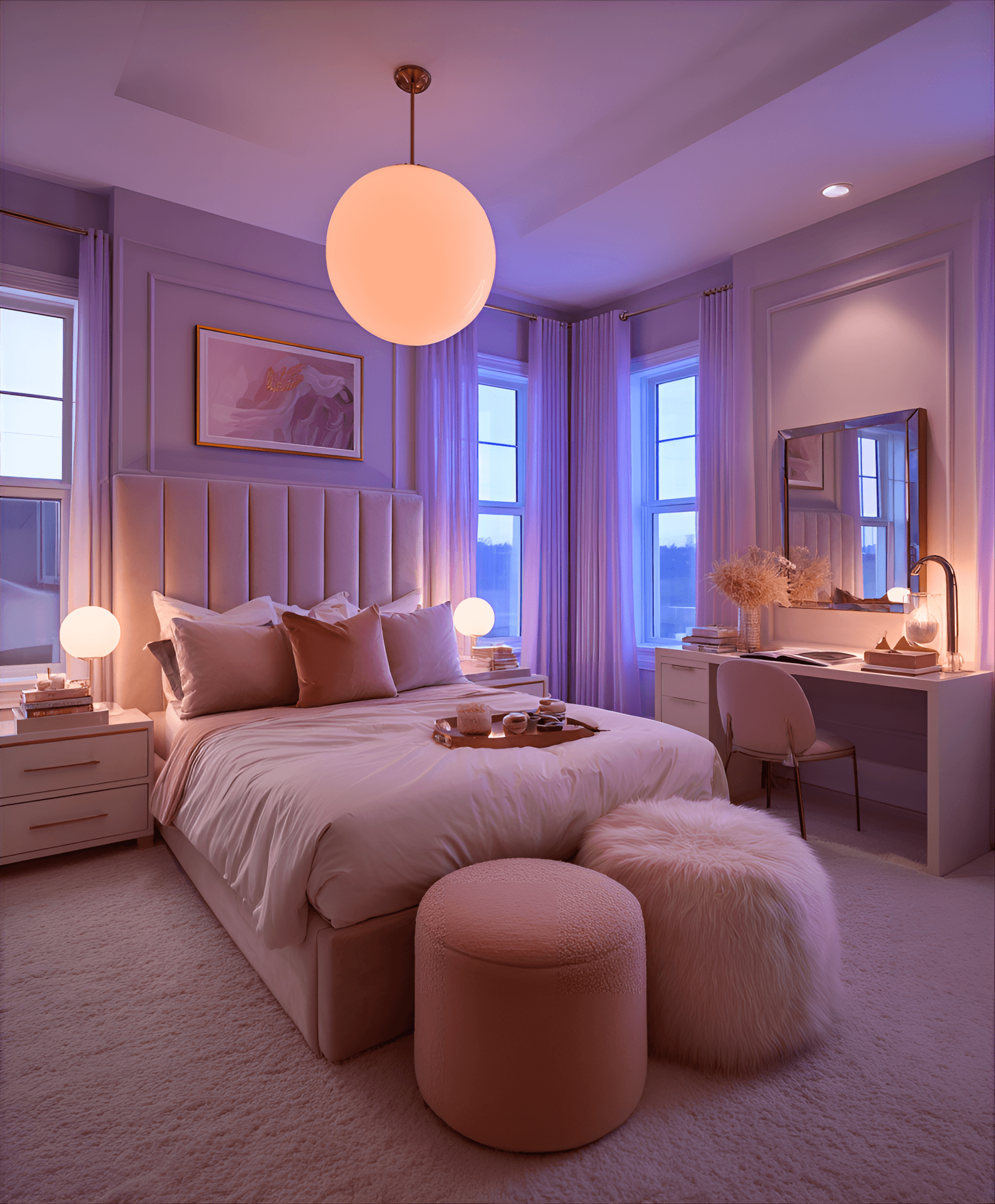 AI generated: photography, a bedroom layout highlighting a fabric headboard, sleek nightstands, and a compact work...