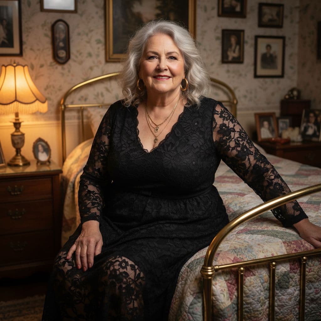 AI generated: A realistic portrait of an elderly plus-sized woman with silver-gray hair, sitting gracefully on the...