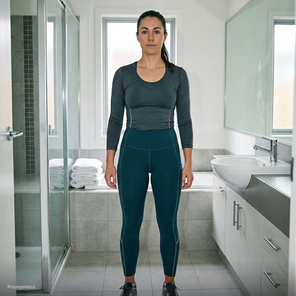 AI generated: ```tight-fitting jogging clothes medium ass and large tits ADDCOMM BREAK in bathroom frontview```