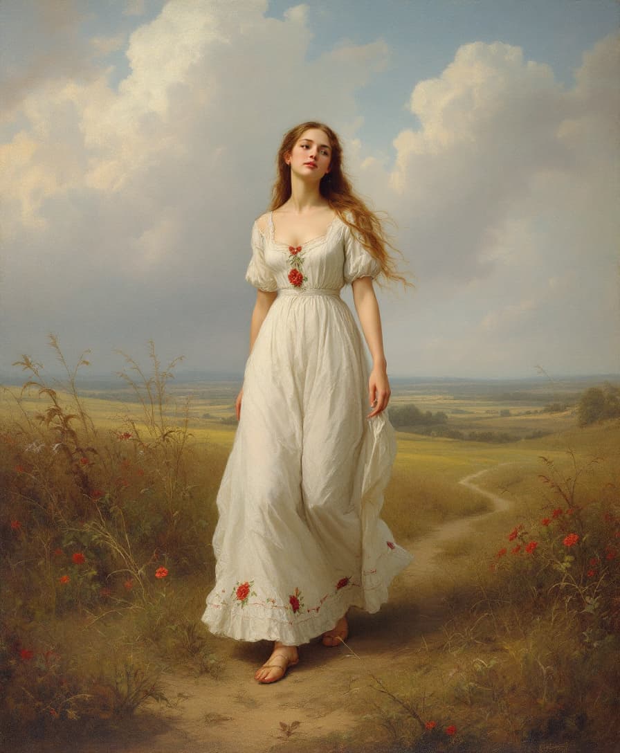 AI generated: Uma pintura artística a oleo Uma jovem mulher caprichosa do início do século XIX, em estilo vitorian...