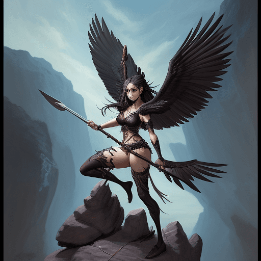 AI generated: a fantasy anime style painting of a woman with vulture wings flying above rocks, holding a spear, gr...