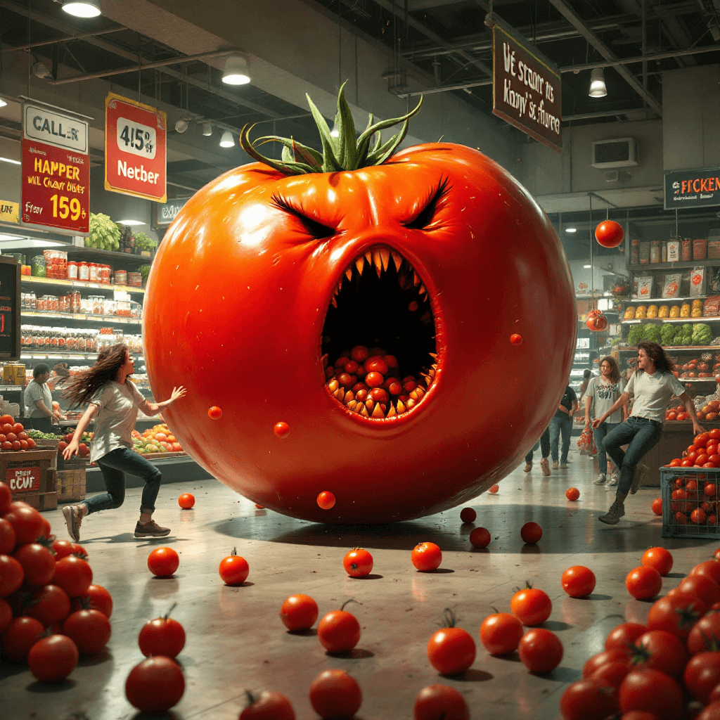 AI generated: a giant tomato on the ground chasing after people store ,  the customers are running away from it 
 ...
