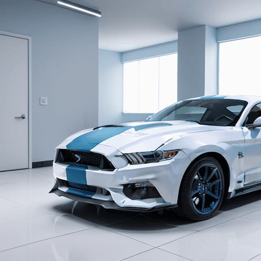 AI generated: All white tile room, ALL BLUE  IMPACT MUSTANG ECOBOOST 2016  BLUE , bright lighting, pastel colors, ...
