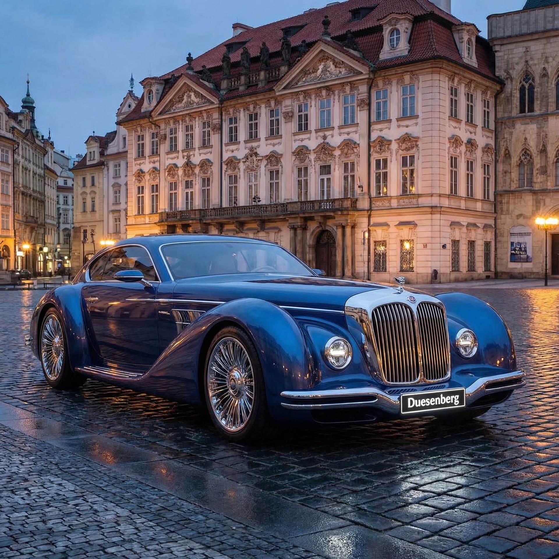 AI generated: 2030 Duesenberg. Photorealistic. 8K metallic blue