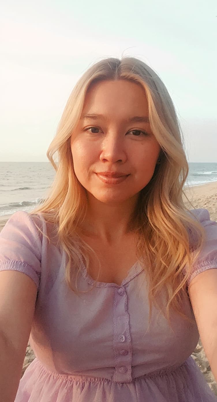 AI generated: blonde with long hair, long wavy hair, wearing purple transparent sleeping nightgown, 