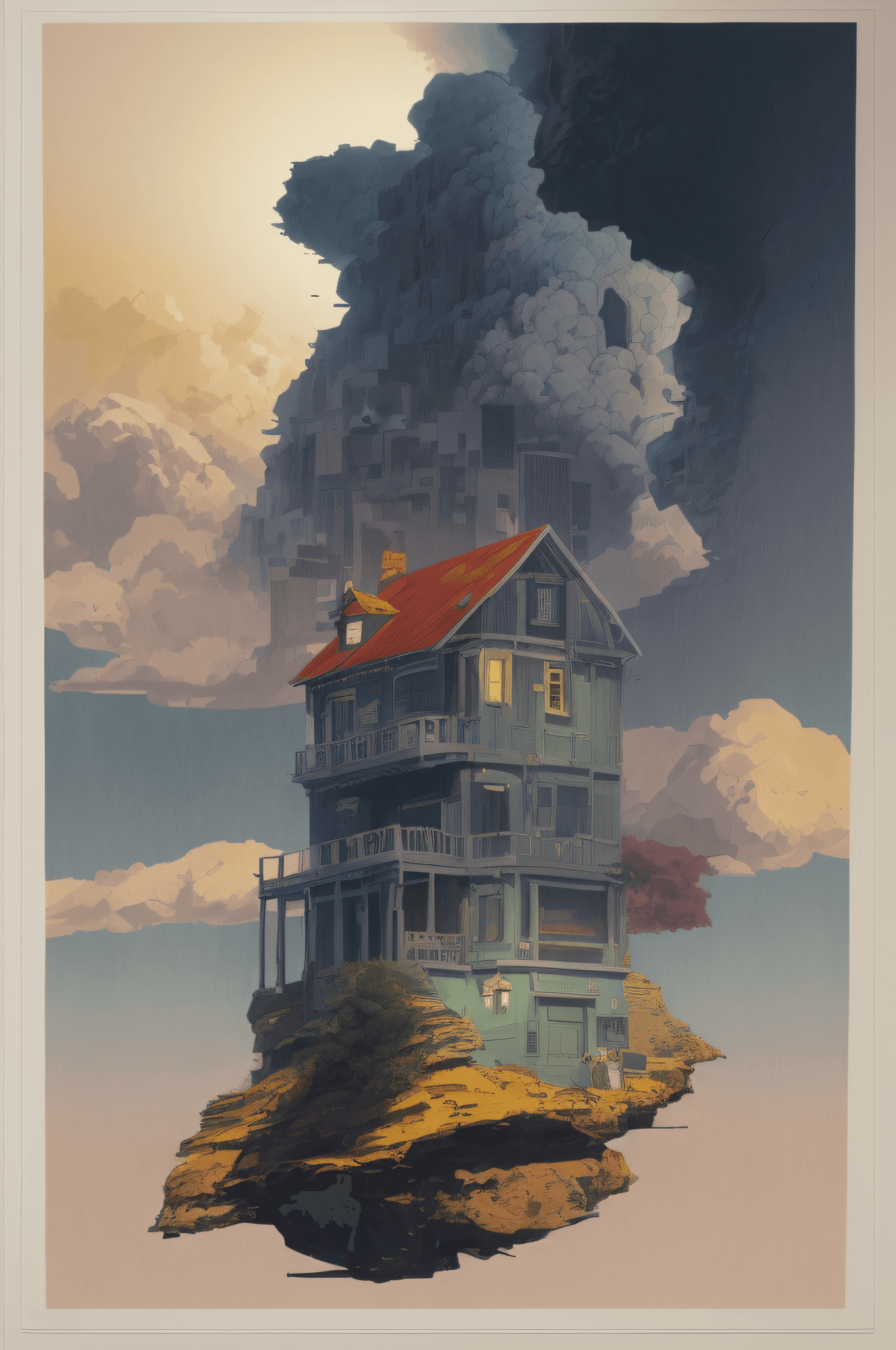 AI generated: there is a picture of a house on a rock in the sky, poster illustration, grainy risograph matte pain...