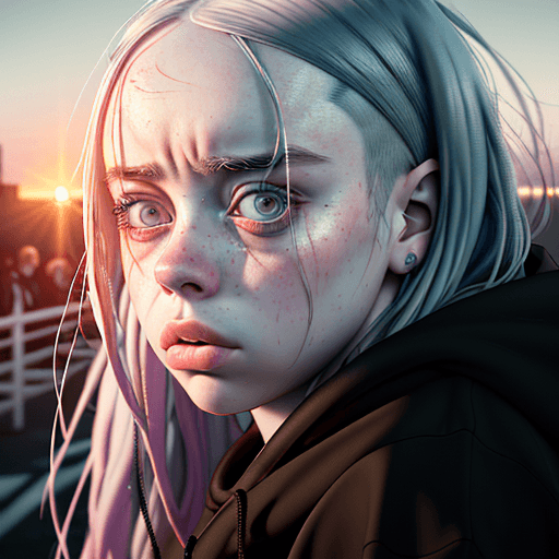 AI generated: Photo of  hyper realistic  Billie Eilish looking 14 year old girl, dramatic light, pale sunrise, cin...