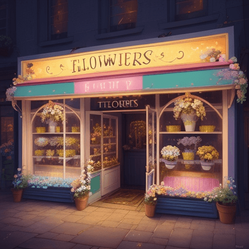 AI generated: A tiny flower shop with an illuminated sign with beautiful colors and flowers and a sign at the top...