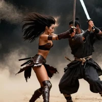 AI generated video: the characters fight by swinging swords