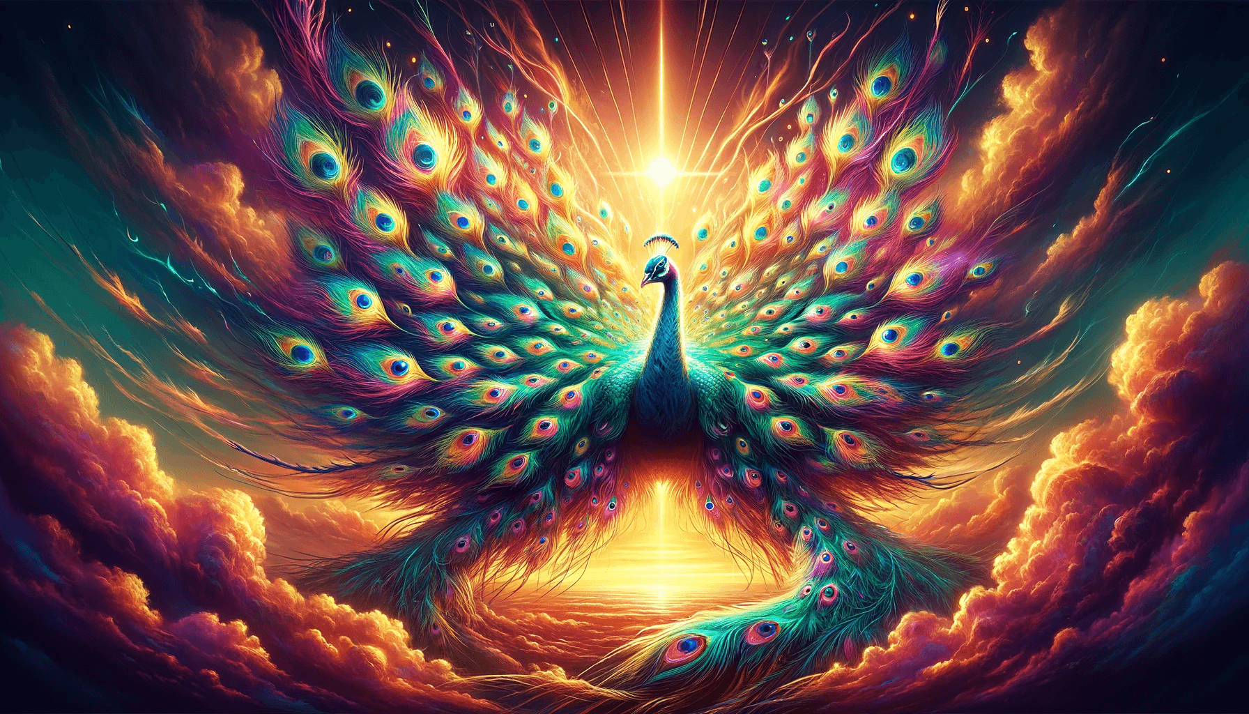 AI generated: A stylized and epic portrayal of a peacock displaying its feathers, emphasized in a 16:9 format. The...