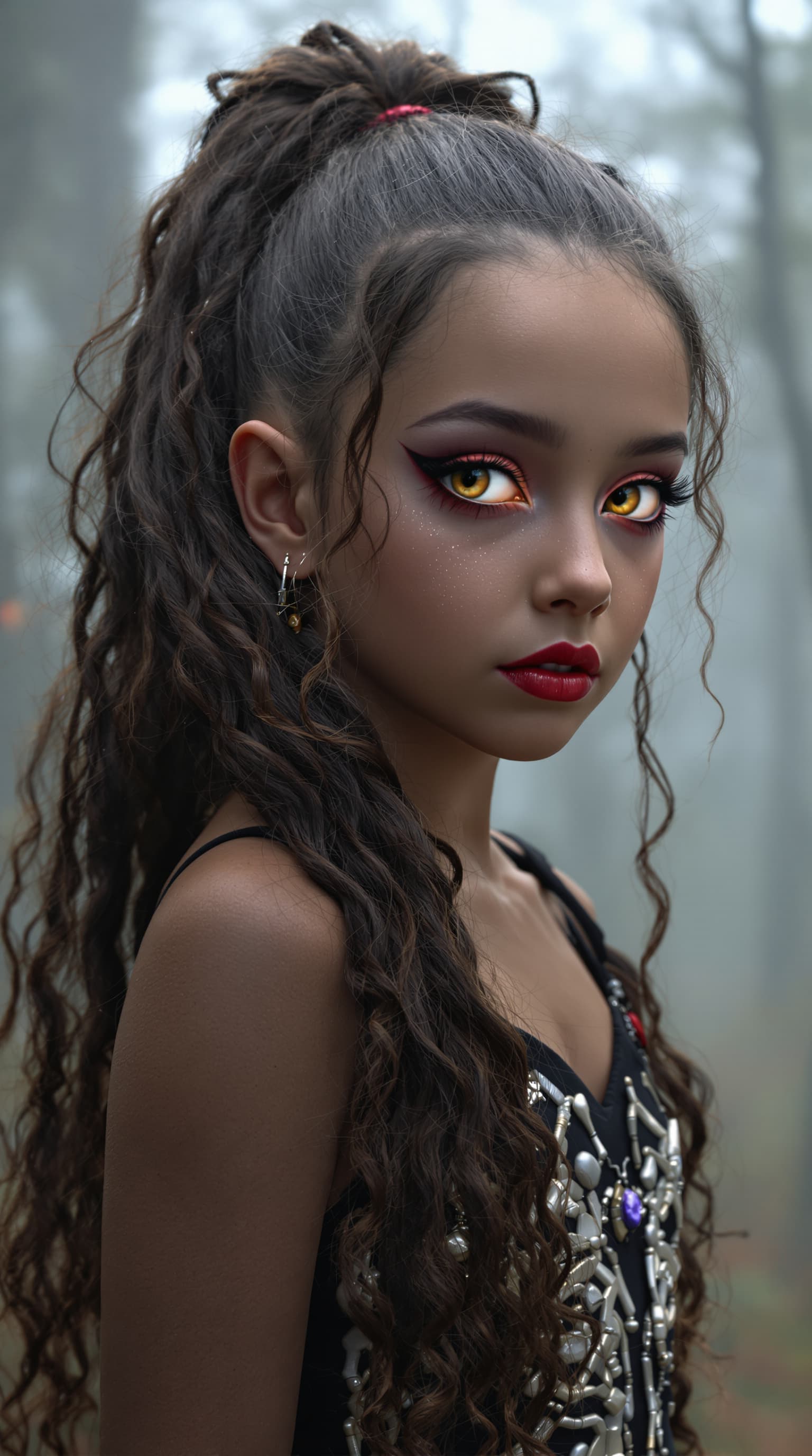 AI generated: A professional photograph of an extraordinarily beautiful eleven-year-old girl with an evil aura, ca...