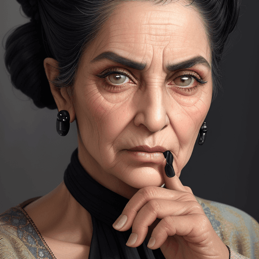 AI generated: Close-up of a old
  iranian woman with blu eyes and black dredlock updo hair styled. She looks direc...