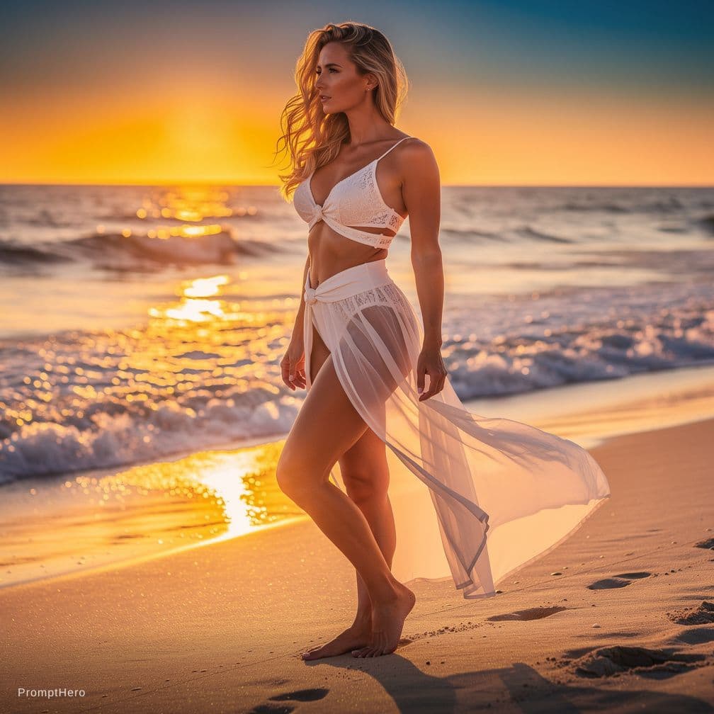 AI generated: This is a high-resolution, photographically realistic image of a Caucasian woman standing on a beach...
