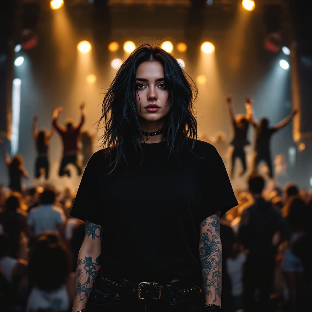 AI generated: A young Caucasian woman with medium long black hair, a black t-shirt, several tattoos, rock and roll...