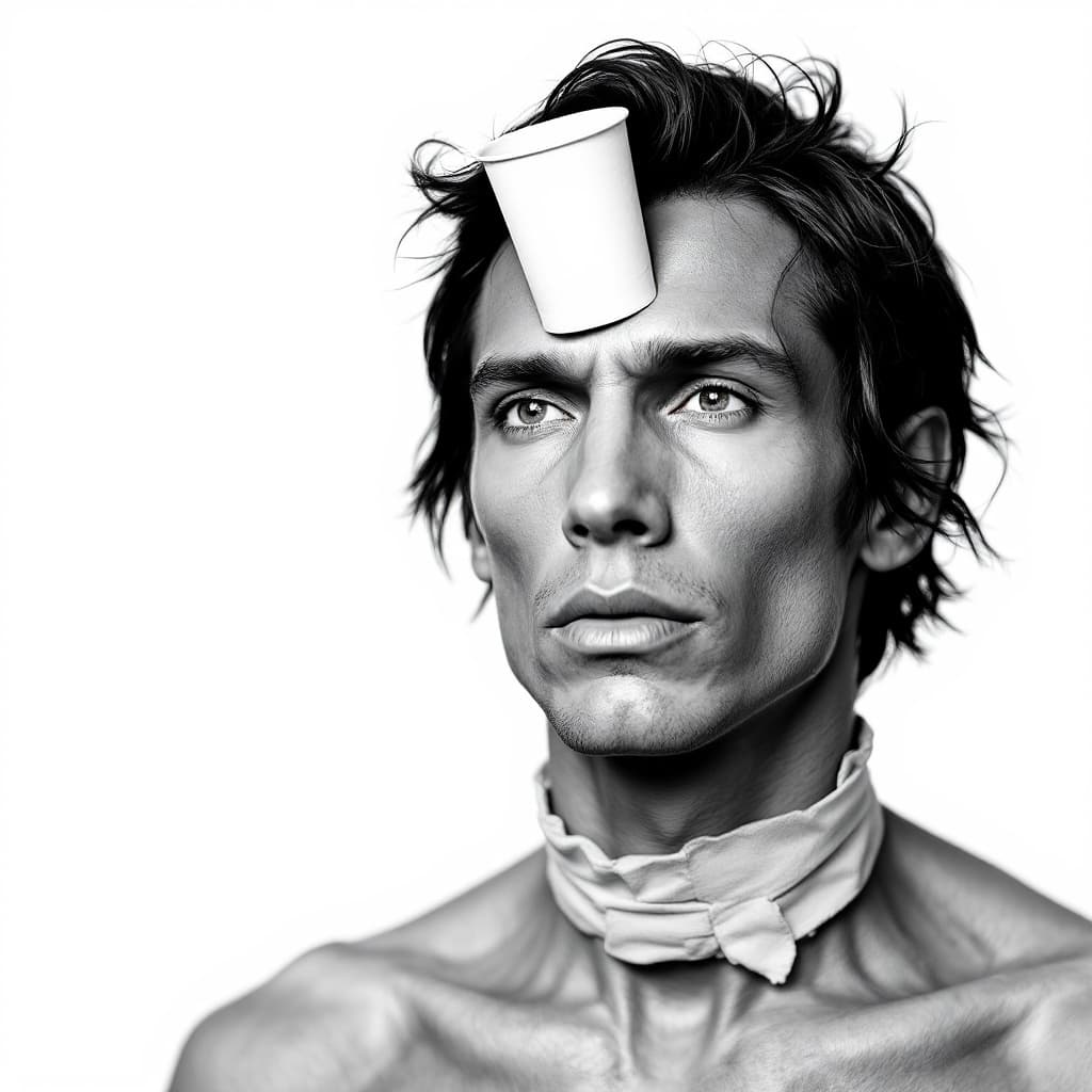 AI generated: A skinny male model with a collar around his neck. A paper cup is stuck to his forehead.
