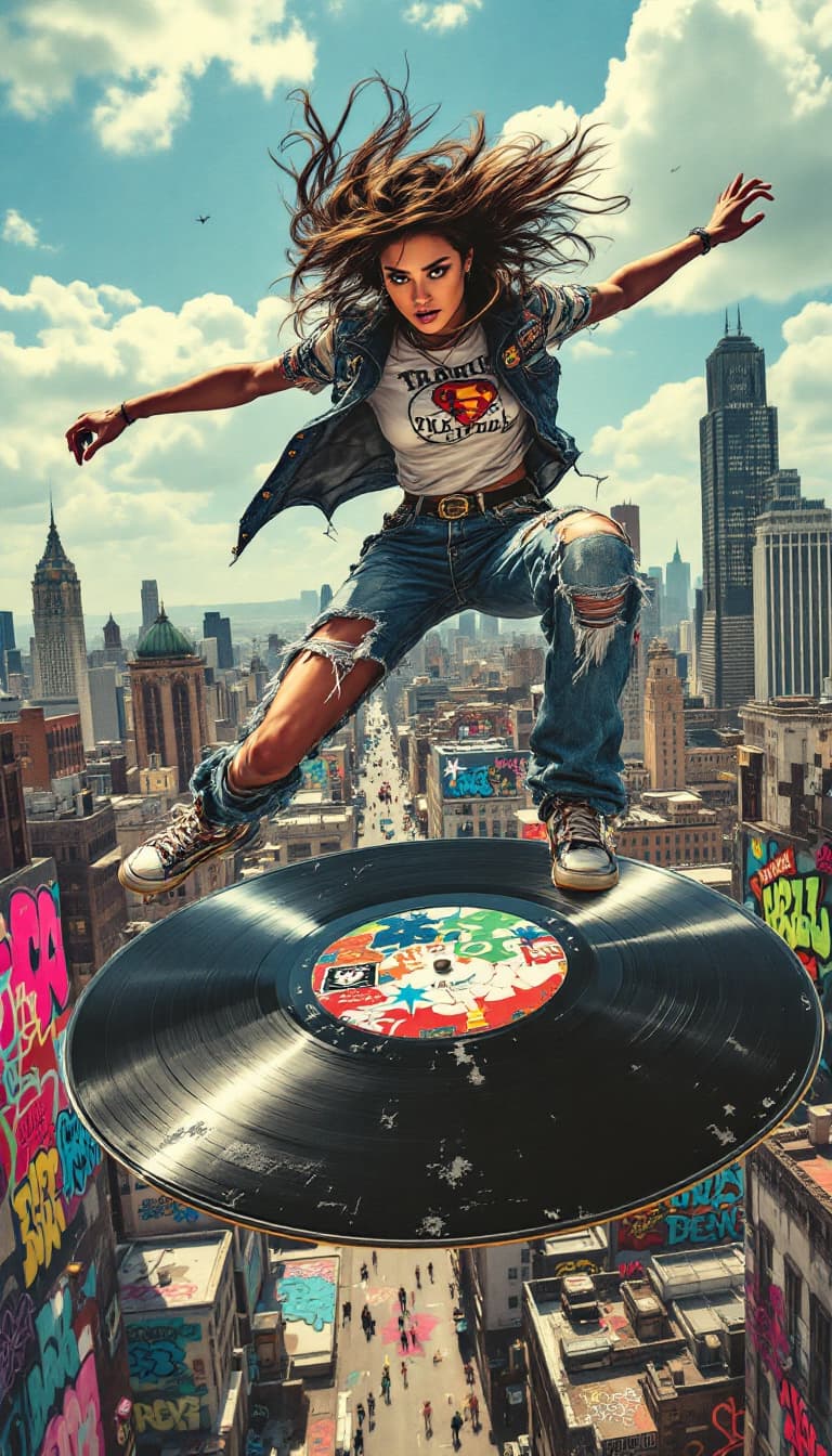 AI generated: 10. A dynamic, full-body action shot of a woman skateboarding on a giant, floating vinyl record abov...