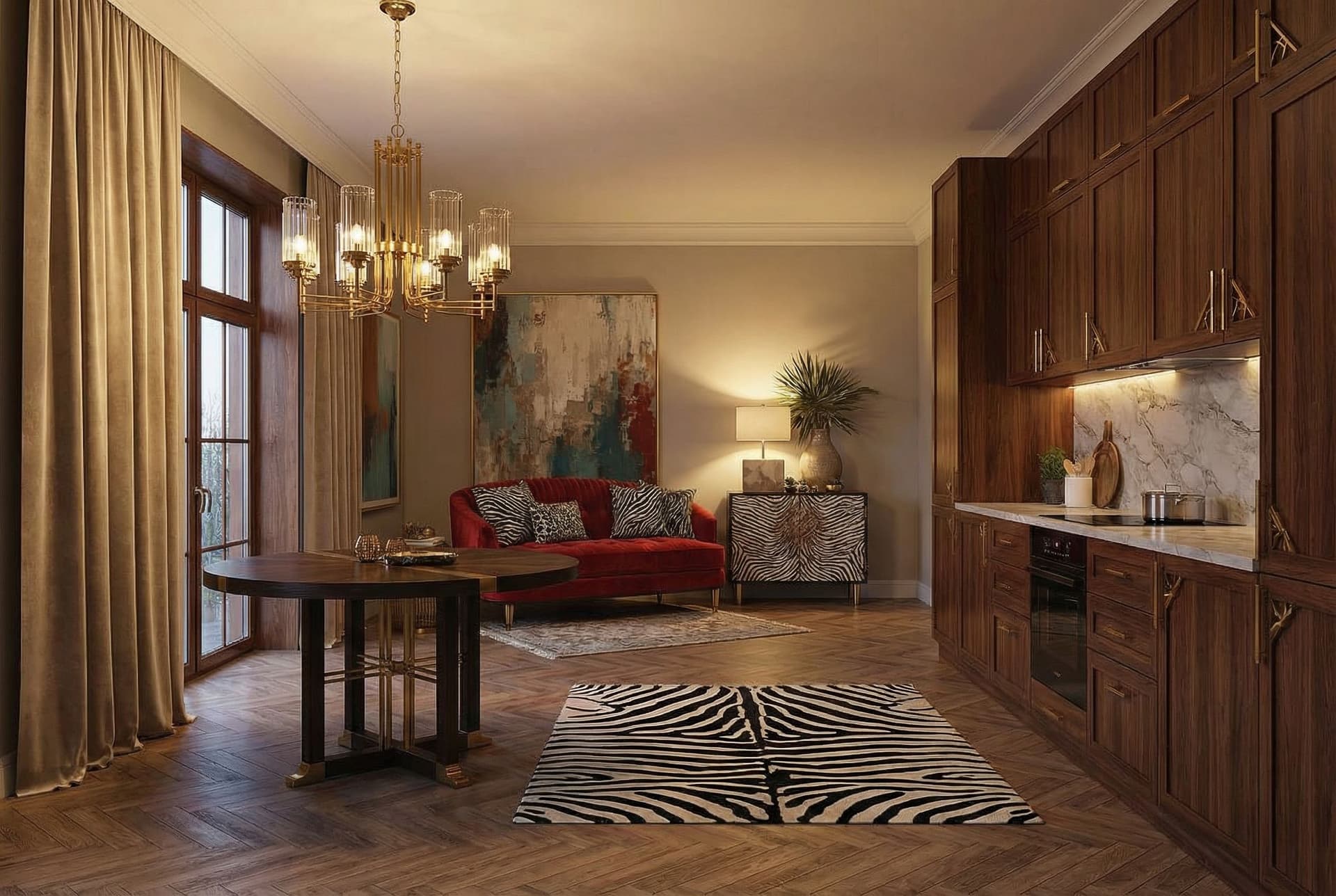 AI generated: Art Deco interior design, spacious, bright kitchen-living room. Color palette: muted shades of red, ...
