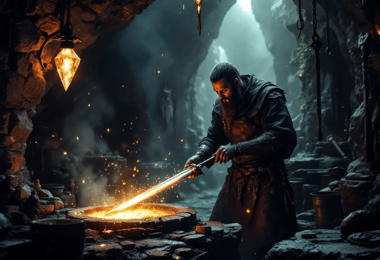 AI generated: /imagine prompt: A highly detailed, atmospheric scene of a mystical blacksmith in a subterranean for...