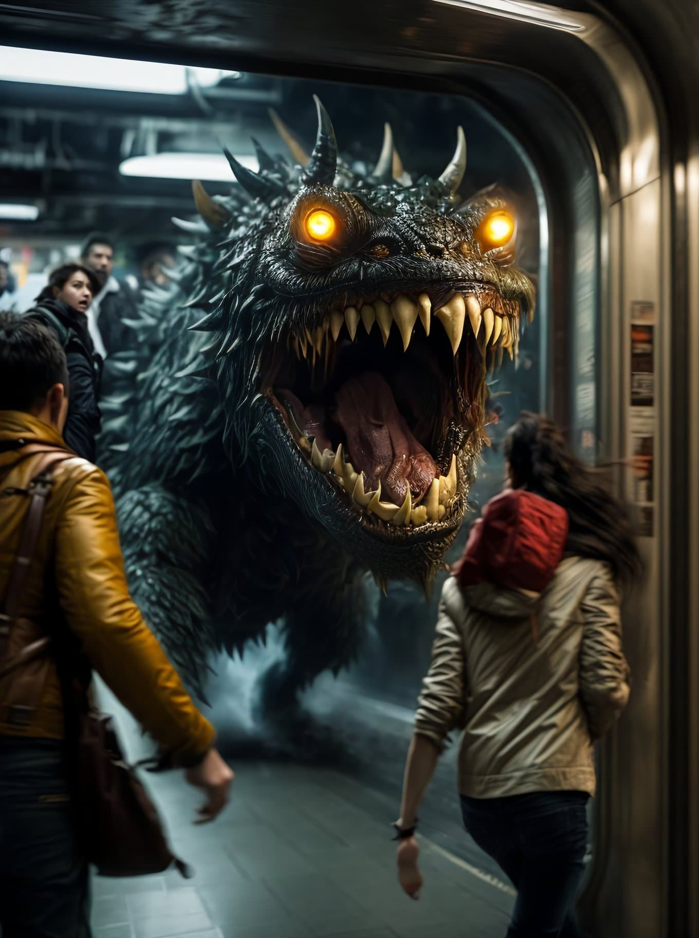 AI generated: people running from a monster in a subway, photo, 8k, hyper detailed art by daveshorror