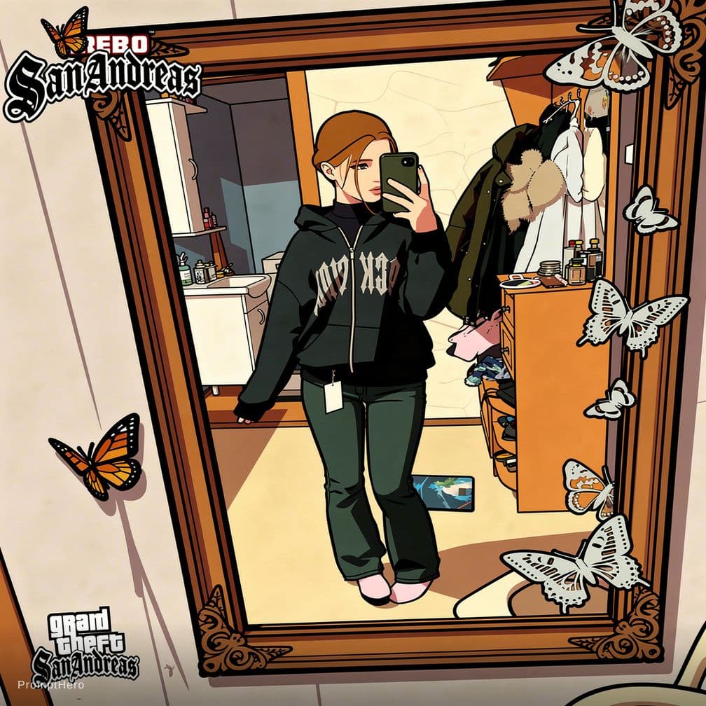 AI generated: GTA San Andreas" loading screen style, cel-shaded illustration, thick black outlines, highly saturat...