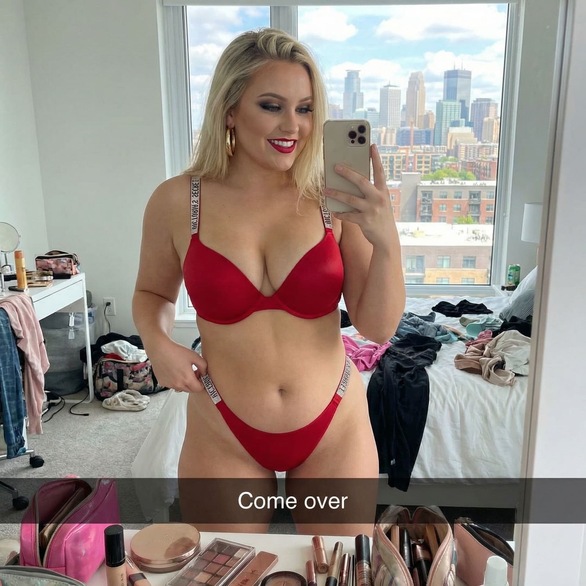 AI generated: A 22 year old chubby white woman with an exceptionally curvy figure takes a mirror selfie in a moder...