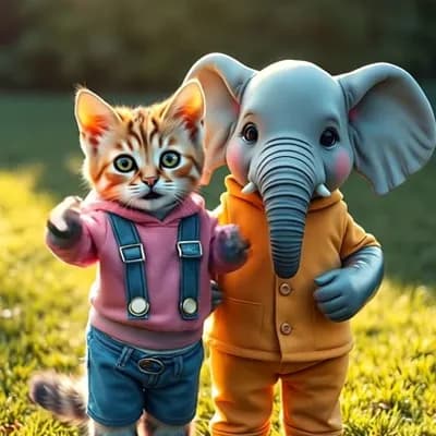 AI generated video: A cheerful cat in a pink hoodie with blue overalls and an elephant in an orange outfit dance togethe...
