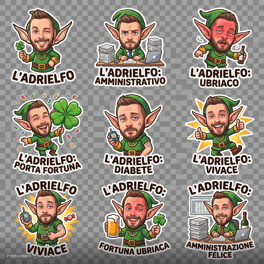 AI generated: Vorrei una serie di sticker con questo personaggio, Chiamato L'ADRIELFO
e' un personaggio vivace, la...