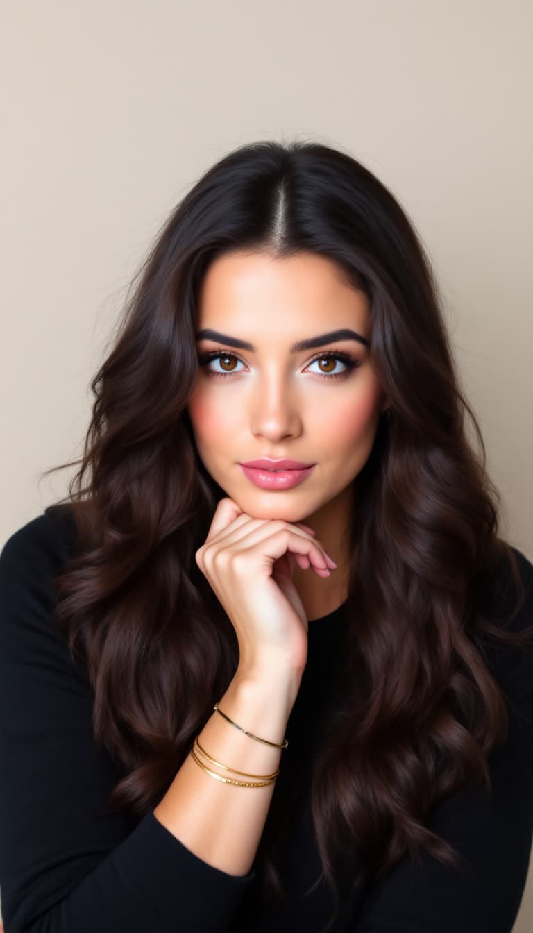 AI generated: A woman with long, wavy dark brown hair, parted in the center, wearing a black long-sleeved top and ...