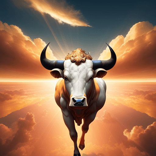 AI generated: A bull flying over golden clouds, symmetric artwork, photography, DSLR camera, cinematic lighting, t...