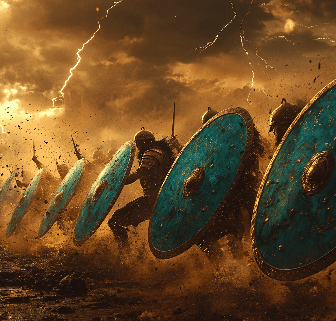AI generated: Cinematic still of Indian warriors in Mahabharata battle, wielding huge blue oval shields, against a...