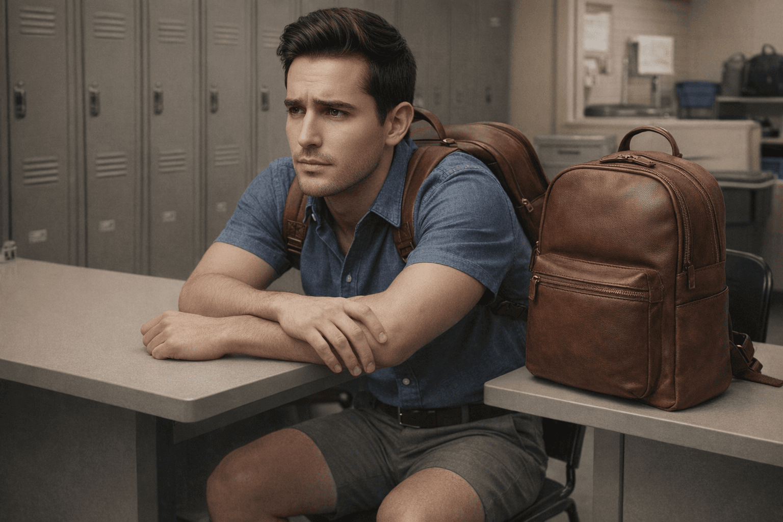 AI generated: The model is at a employees back room. There is a table in the room. The model is resting his arms o...