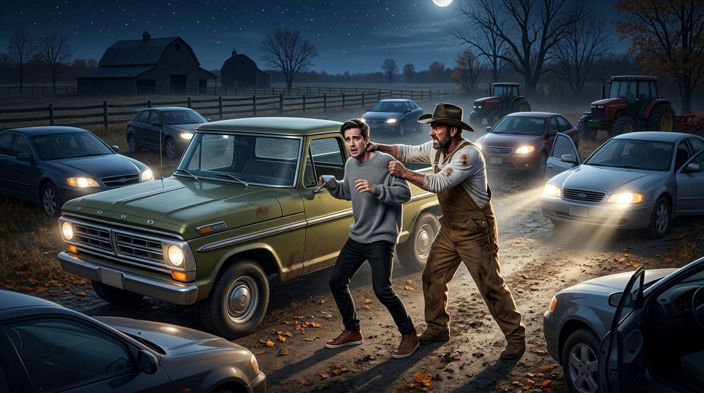 AI generated: In an Autumn night at a ranch. The vintage olive green Ford pick up truck is parked between nine car...