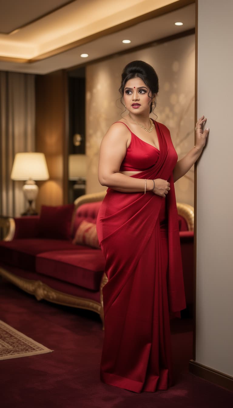 AI generated: full body view of most beautiful women in red saree as most beautiful indian realstic women with plu...