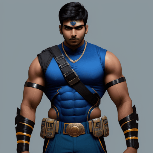 AI generated:  indian male age 26, broad shouldered, very muscular, 2 meters tall , arms covered by meta super her...