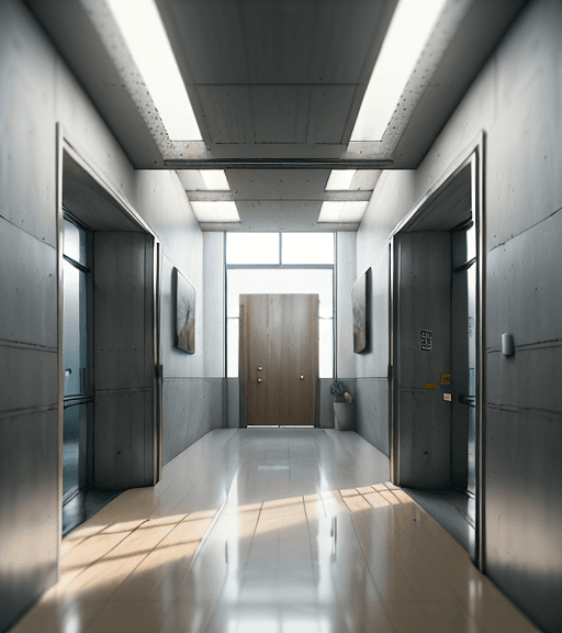 AI generated: hyperrealistic photograph of the interior of a hallway of a building in which you can see a wall wit...