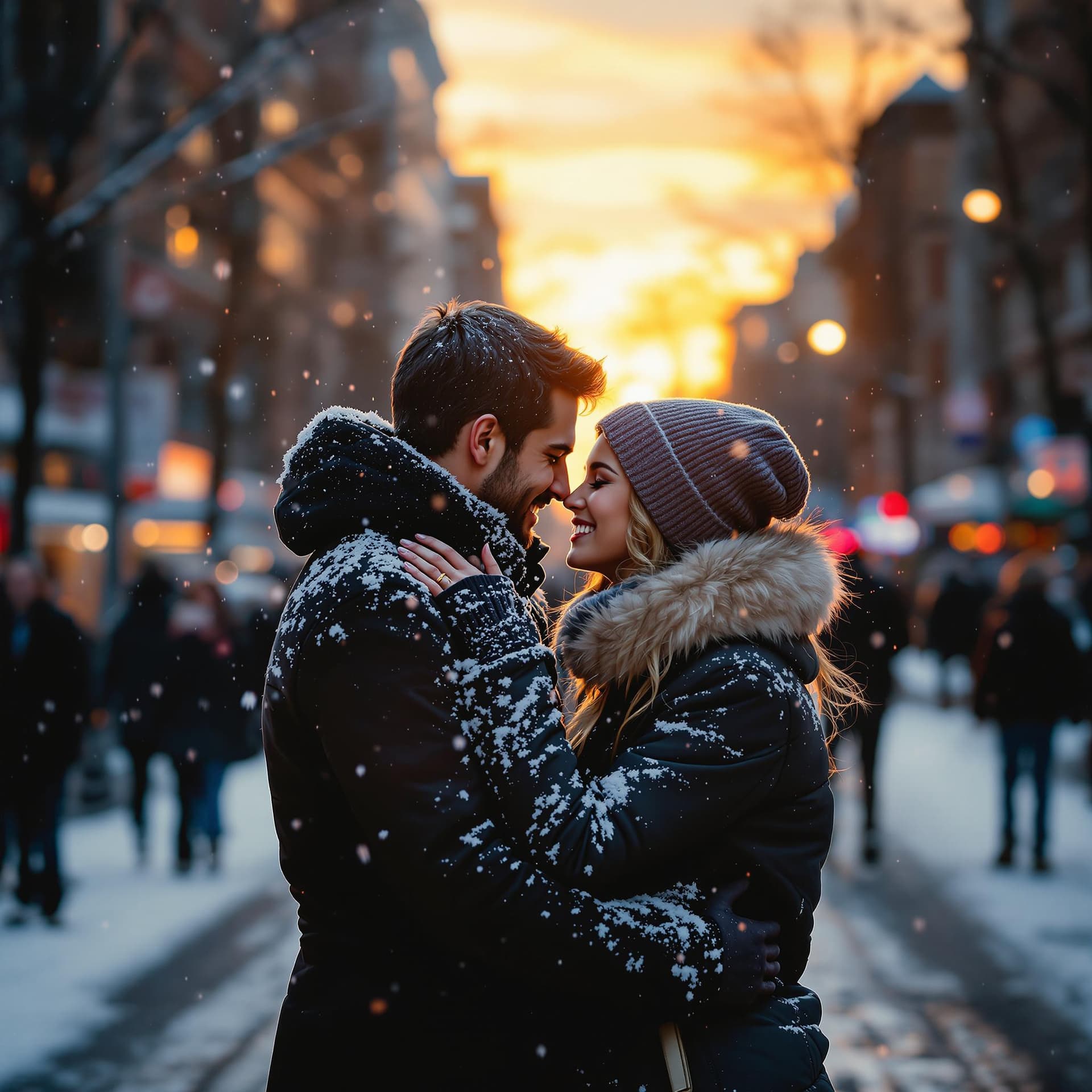 AI generated: 1.  Frozen moment: Soulmates embrace mid-street; bustling city blurred; warm sunset hues; dramatic l...
