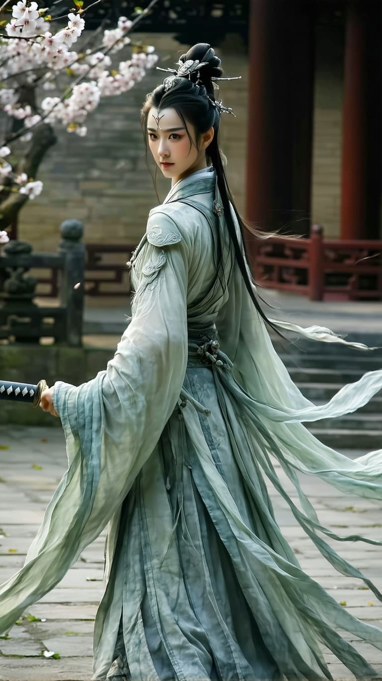 AI generated: Graceful Chinese warrior, Amazon inspiration, barefoot, full body view, focus on perfect feet perfec...