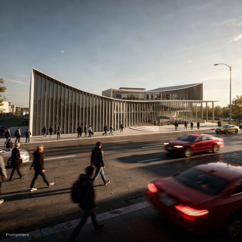 AI generated: photorealistic, canon EOS 5d, minimalistic medium scale office building, curved, geometric shaped ou...