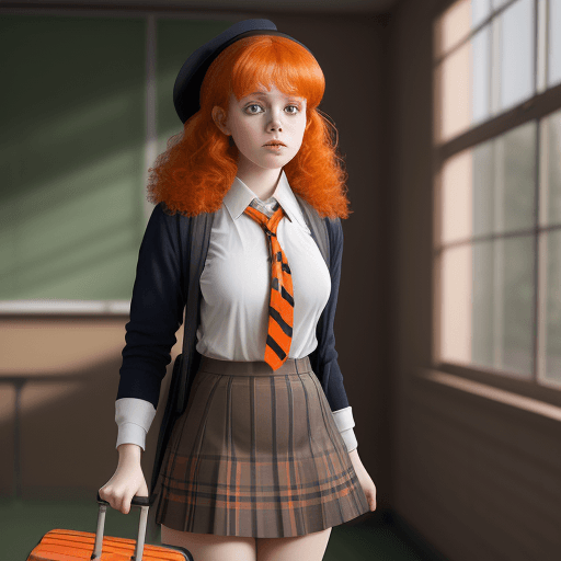 AI generated: masterpiece, mid shot, arafly dressed woman with orange hair and a suitcase, a portrait inspired by ...