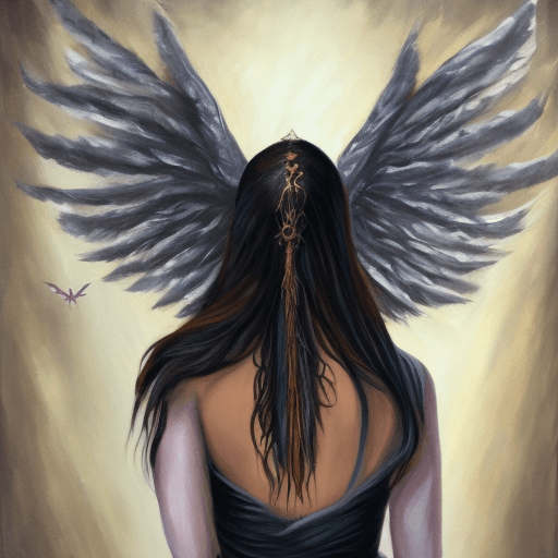 AI generated: painting of woman with wings on her back, beautiful face, strix