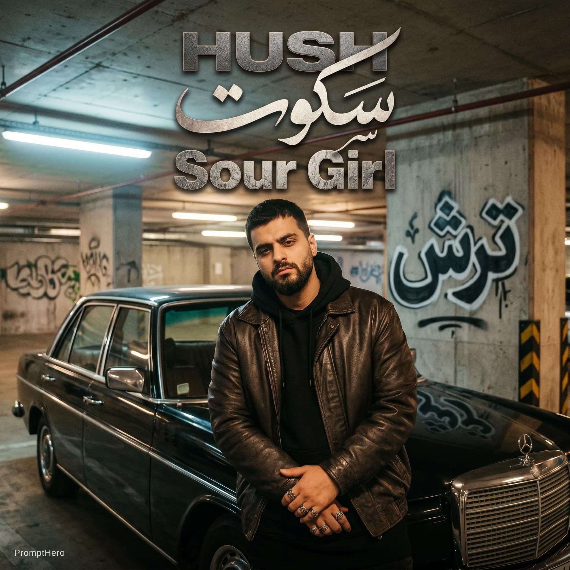 AI generated: Rap cover art, "Sour Girl". A stylish male rapper leaning against a vintage black Mercedes in an und...